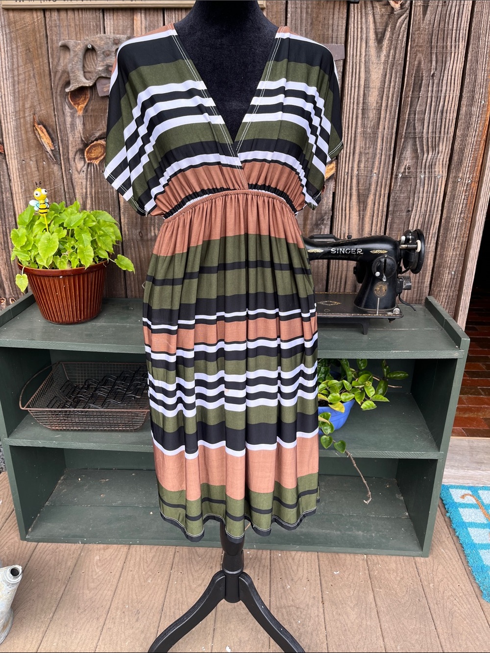 MEDIUM Christinalove dress green and tan stripe STRETCHY 2181